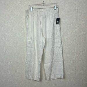 NWT Elliot Lauren Crisp White 100% Linen Pull On Pants Stretchy Waist Pockets